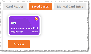 Image showing a Saved Card in the Card payment area of the Payment panel in the eTailPet system.