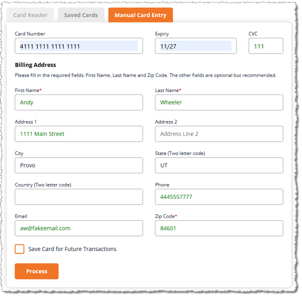 Image showing the data entry fields for manual card entry in the payment panel of the eTailPet system.