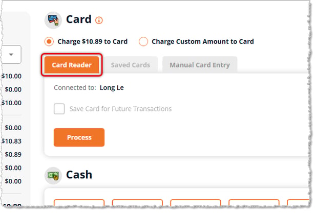 Image showing the Card Reader tab of the Card payment area on in the Payment panel of the New Sale page of the eTailPet system.