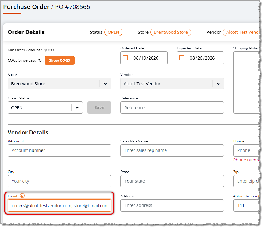 Image showing the Vendor Details area of a Purchase Order with an example of multiple email addresses listed in the eTailPet system.