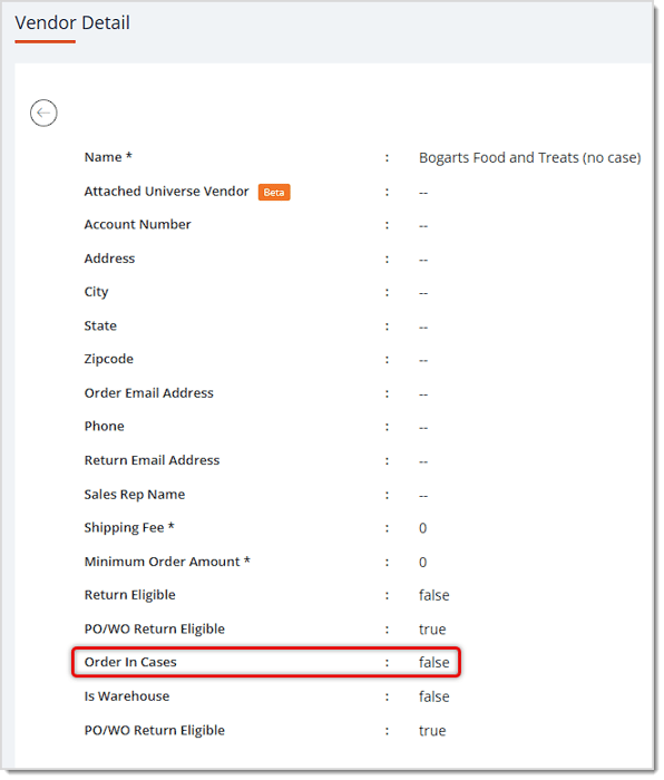 Image showing a Vendor Details page with the Order in Cases setting highlighted in the eTailPet system.
