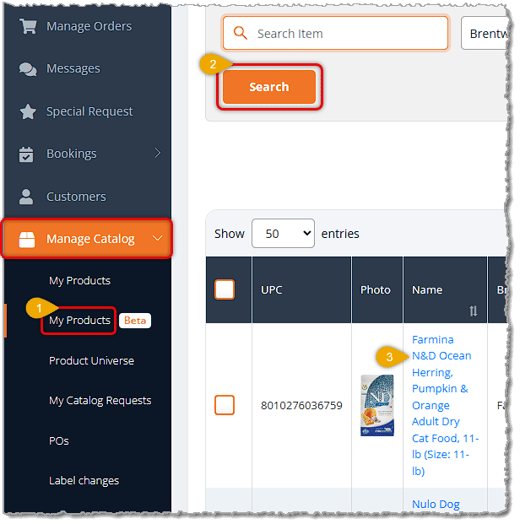Image showing how to find a product on the My Products page and open its Product Details page in the eTailPet system.