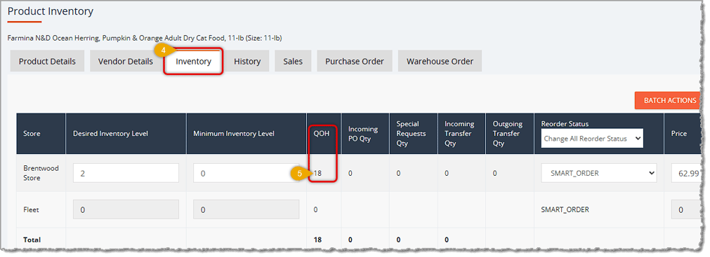 Image showing the Product Inventory tab of the Product Details page and highlighting the Quantity on Hand quantity for a store in the eTailPet system.