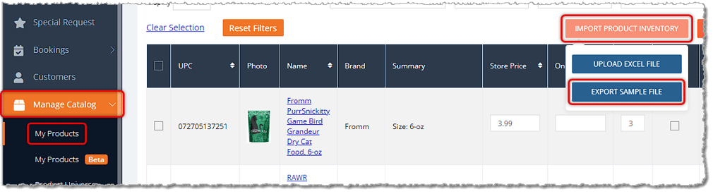 Image showing the Export Sample Inventory File option on the My Products page of the eTailPet system.