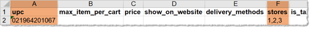 Image showing how to enter data for UPC codes and Stores in the Master Product Template spreadsheet for the eTailPet system..