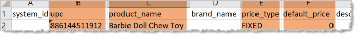 Image showing how to enter data for UPC codes, product name, and price type in the Master Product Template spreadsheet for the eTailPet system..