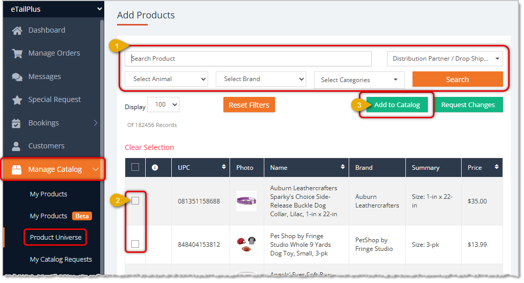 Image showing the Product Universe page of the Manage Catalog area of the eTailPet system with steps for adding products to the catalog highlighted.