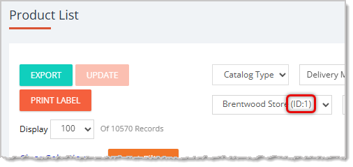 Image showing a Store ID highlighted on the My Products page in the Manage Catalog area of the eTailPet system.