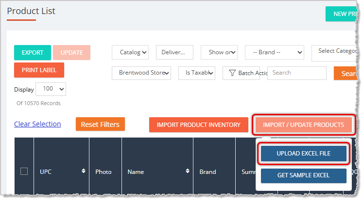 Image showing Upload Excel File button highlighted on the My Products page in the Manage Catalog area of the eTailPet system.