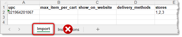 Image showing how the Import tab should be named and how the Instructions tab should be deleted before importing products via spreadsheet into the eTailPet system.