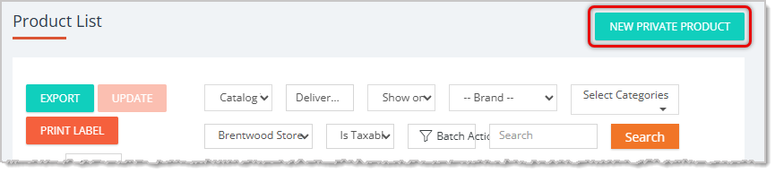 Image showing New Private Product button highlighted on the My Products page in the Manage Catalog area of the eTailPet system.