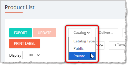Image showing Catalog type filter highlighted on the My Products page in the Manage Catalog area of the eTailPet system.