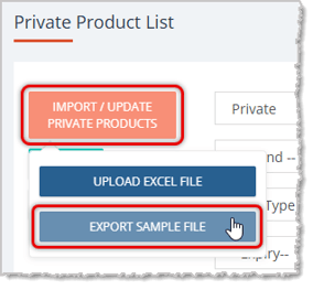 Image showing Export Sample File button highlighted on the Private Product List page in the Manage Catalog area of the eTailPet system.