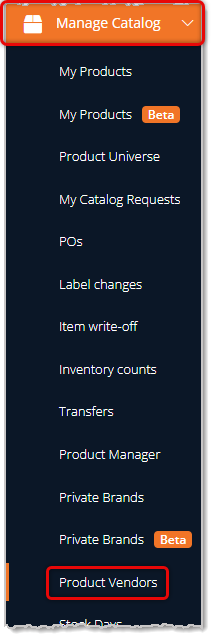 Image showing the Product Vendors link in the Manage Catalog area of the main eTailPet system menu.