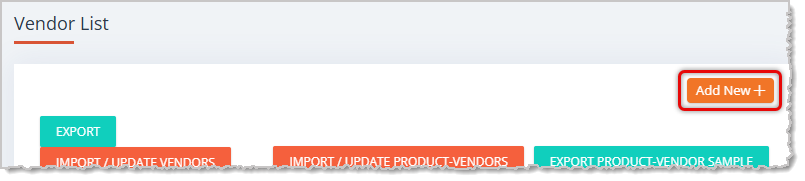 Image showing the Add New button on the Vendor List page of the eTailPet system.