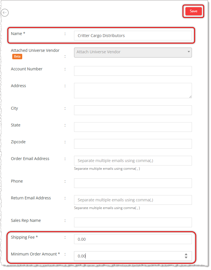Image showing the required fields on the add new vendor page of the eTailPet system.