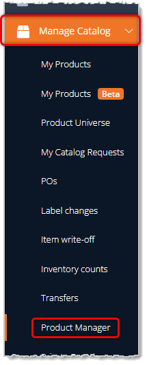 Image showing the Product Manager link in the Manage Catalog area of the main eTailPet system menu.