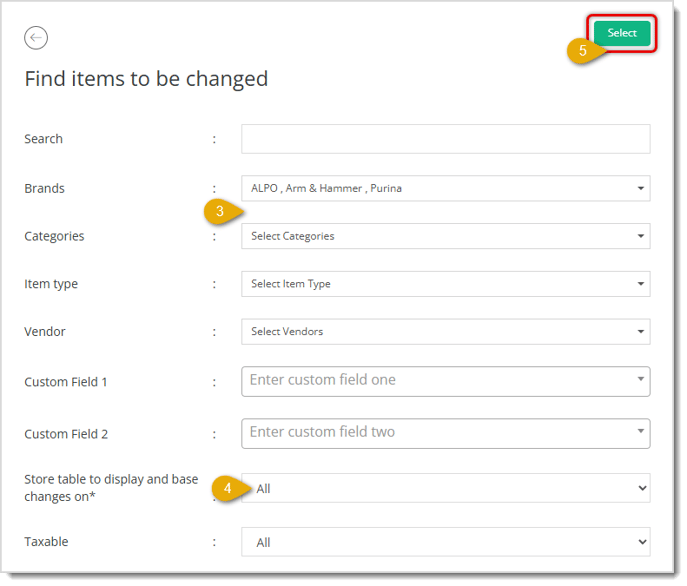 Image showing the Find Items steps of Change or Remove Things on My Items for products in the Product Manager of the eTailPet system.