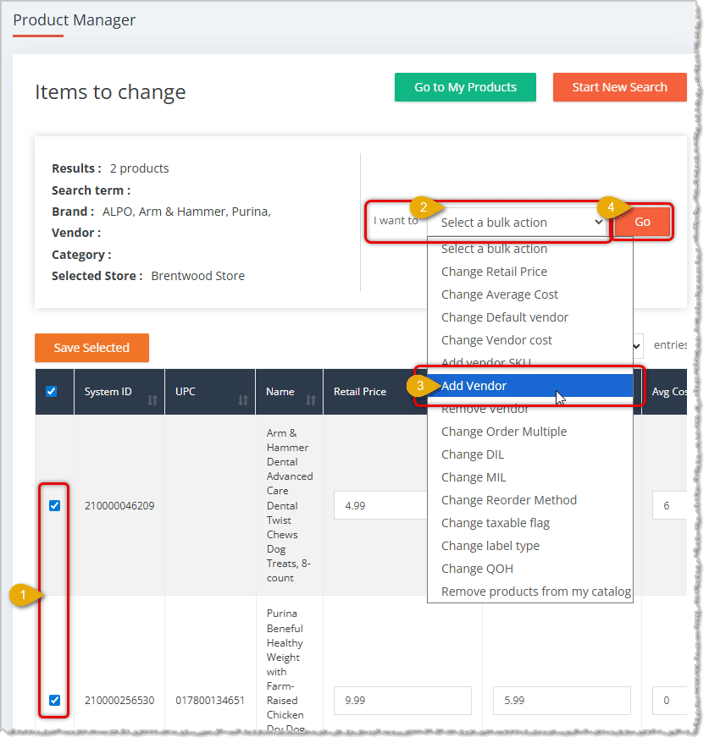Image showing steps to add a vendor to selected products in bulk on the Product Manager page of the eTailPet system.