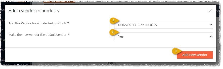 Image showing vendor selection and default configuration options when adding a vendor in bulk to products in the eTailPet system.