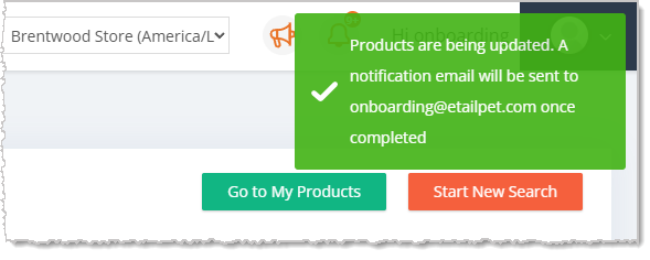 Image showing the success notification for bulk updating vendor for products in the eTailPet system.