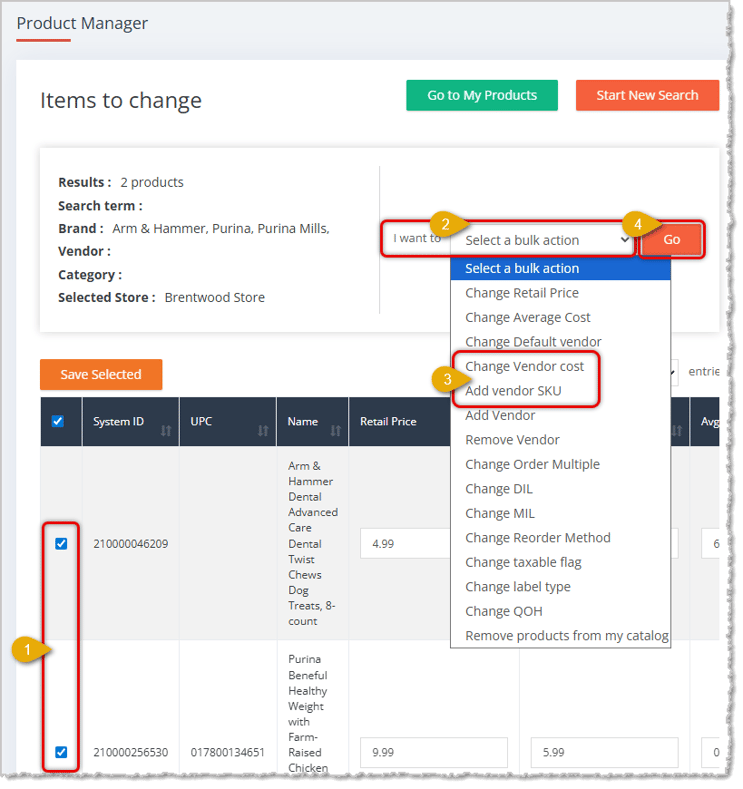 Image showing steps to add vendor cost or vendor SKU data to selected products in bulk on the Product Manager page of the eTailPet system.