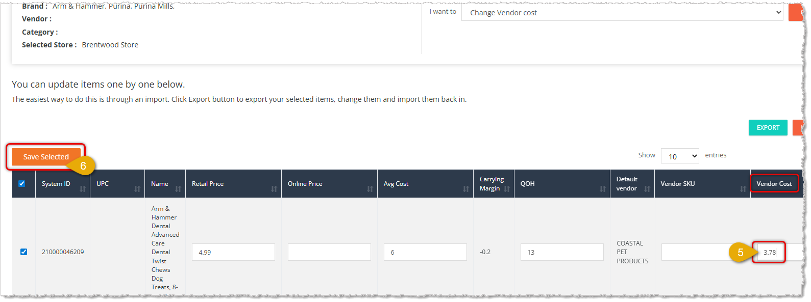 Image showing steps to edit vendor cost in bulk to products in the eTailPet system.