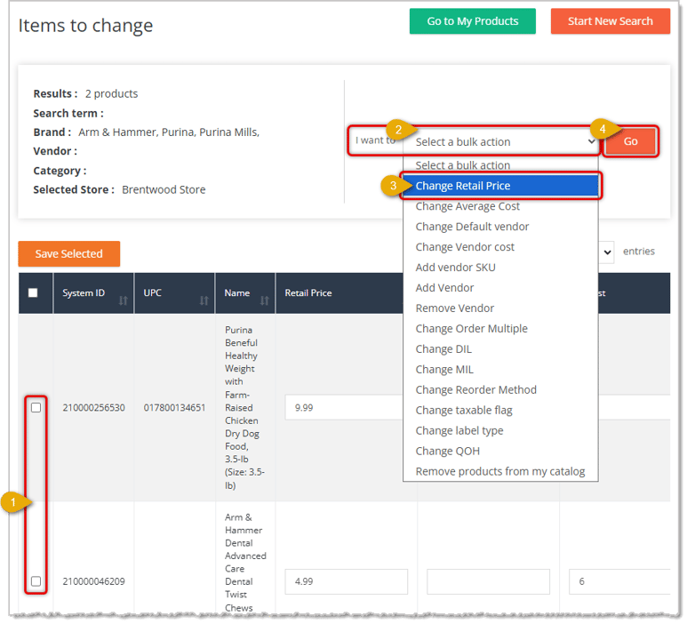 Image showing steps to add retail price data to selected products in bulk on the Product Manager page of the eTailPet system.