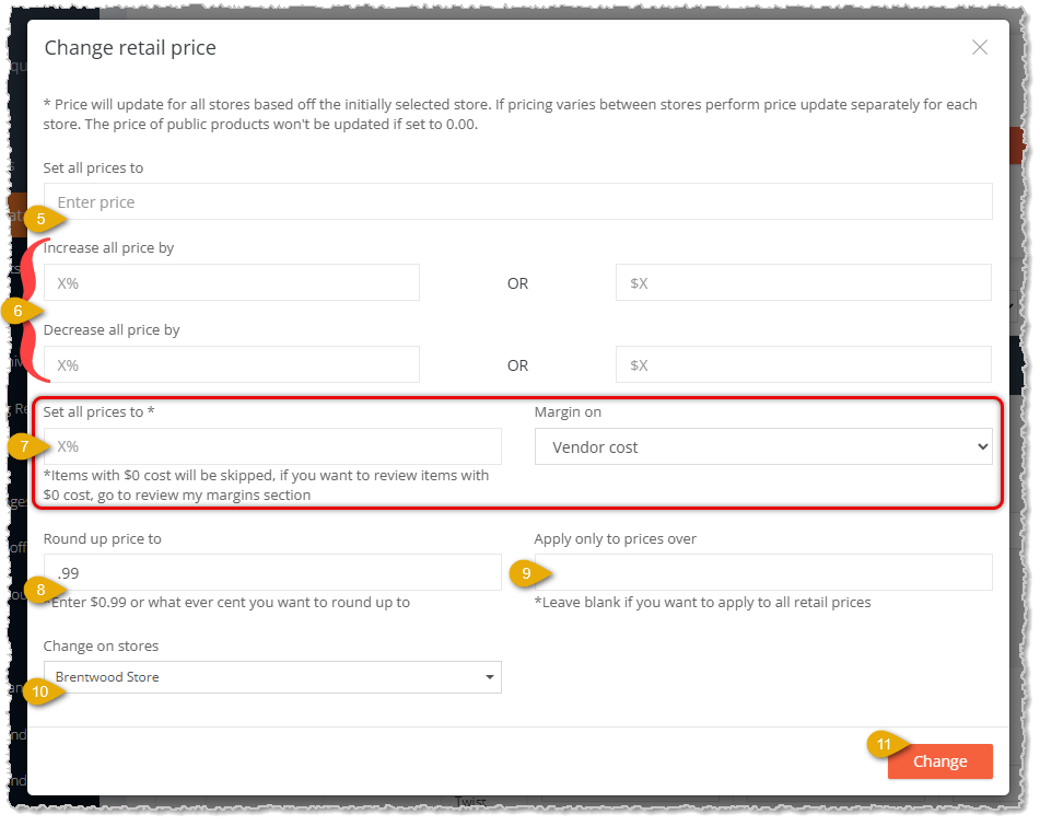 Image showing the Change Prices window of Bulk Actions in the eTailPet system.