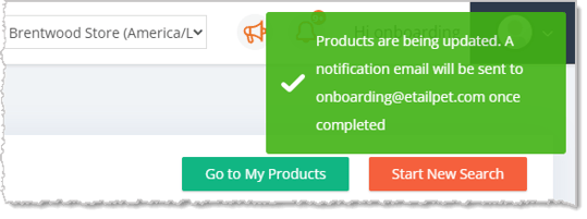 Image showing the success notification for bulk updating Retail Price for products in the eTailPet system.
