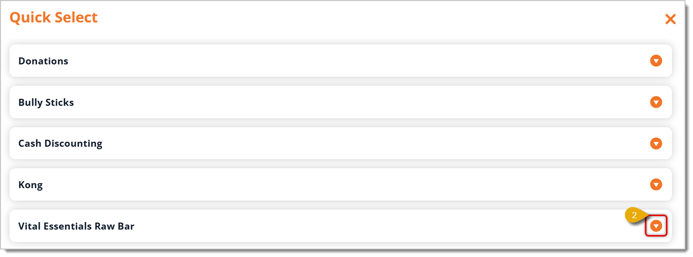 Image highlighting the Arrow button in the Quick Select area of the eTailPet Register.