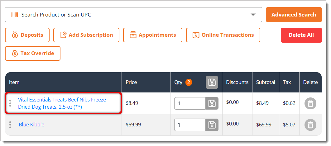 Image highlighting the product added to a transaction using Quick Select in the eTailPet Register.