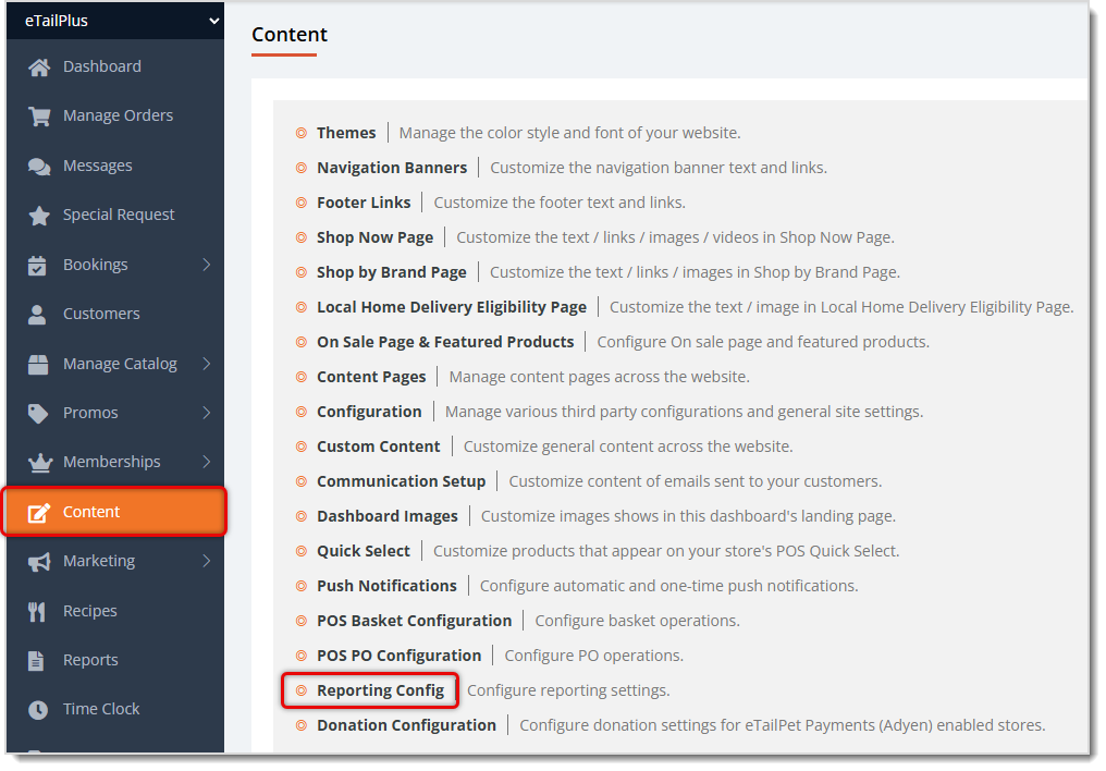 Image showing the Content page of the main system menu with the Reporting Configuration option highlighted in the eTailPet system.