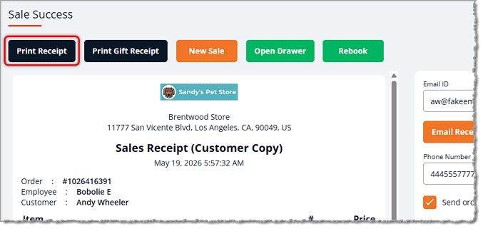 Image showing the Sale Success page with the Print Receipt button highlighted in the eTailPet system.