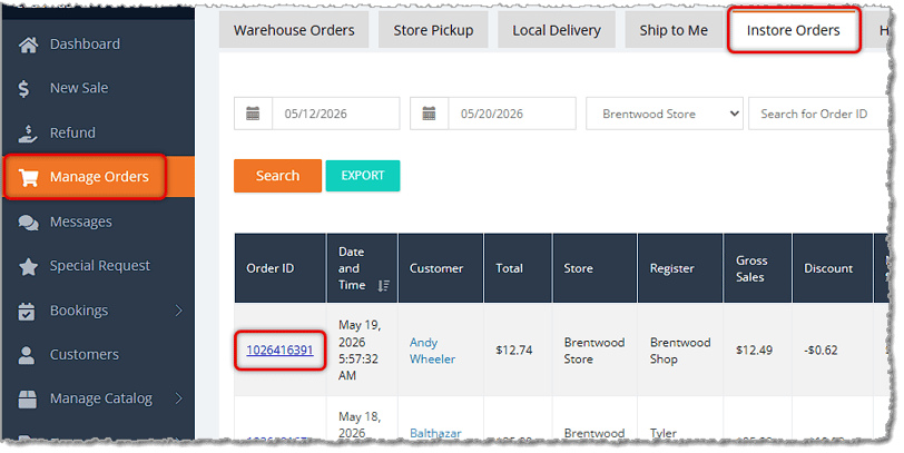 Image showing a highlighted Order ID on the Manage Orders page of the eTailPet system.
