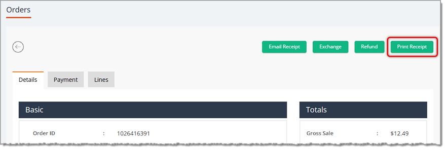 Image showing transaction information on the Orders page with the Print Receipt button highlighted in the eTailPet system.