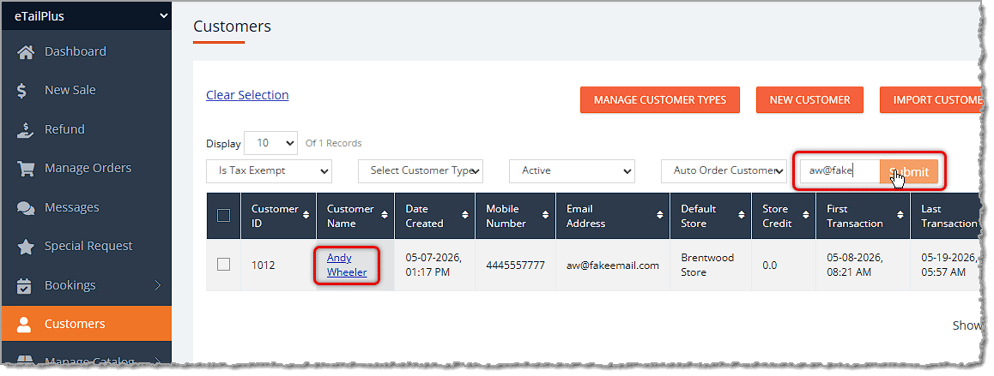 Image showing a customer search result on the Customers page in the eTailPet system.