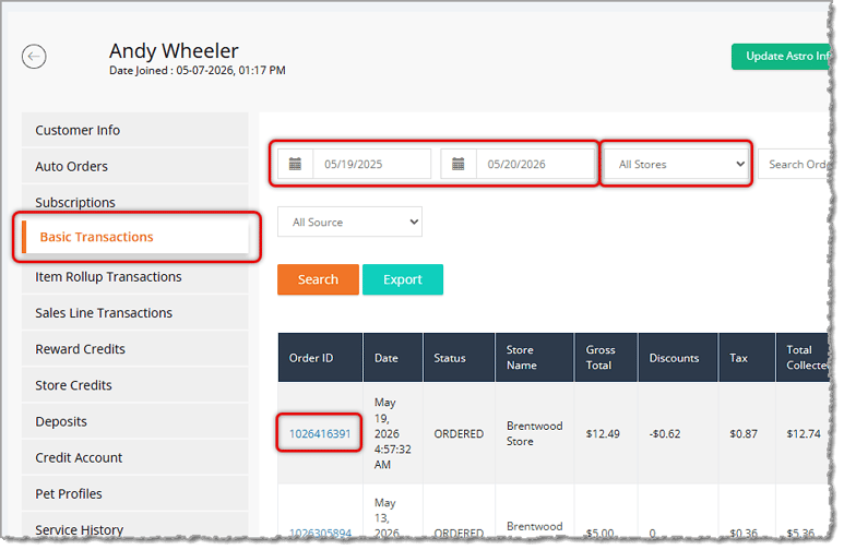 Image showing the Basic Transactions tab of a customer's page, with elements for opening a transaction highlighted in the eTailPet system.