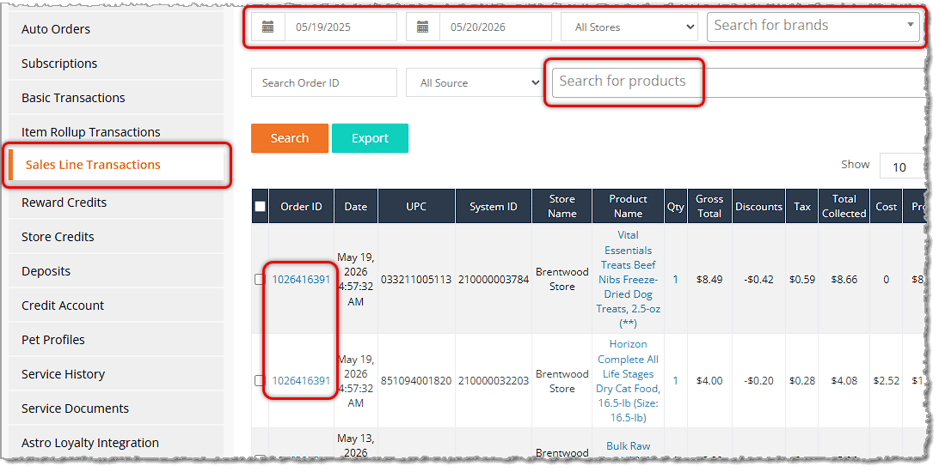 Image showing the Sales Line Transactions tab of the customer page with elements used to look up a transaction by item highlighted in the eTailPet system.