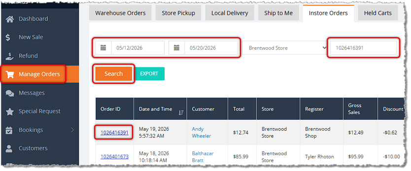 Image showing an Order ID search in the Manage Orders page in the eTailPet system.