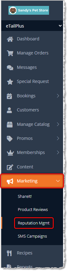 Image showing the Reputation Management link in the Marketing area in the eTailPet system main menu.