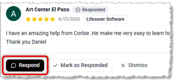 Image showing a business review with the Respond button highlighted in the eTailPet system.