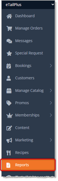 Image showing the main menu of the eTailPet system with the Reports page highlighted.