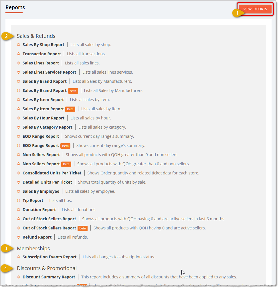 Image showing the upper area of the Reports page of the eTailPet system with major areas highlighted.
