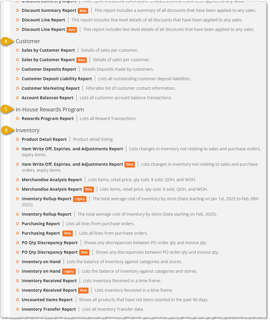 Image showing the upper middle area of the Reports page of the eTailPet system with major areas highlighted.