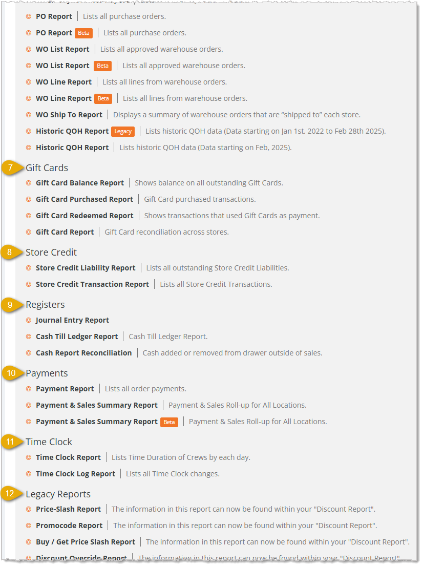 Image showing the lower middle area of the Reports page of the eTailPet system with major areas highlighted.