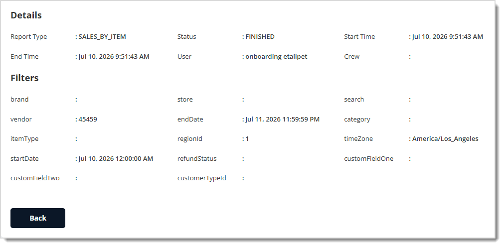 Image showing a Details page of a report export from the Export Report in the eTailPet system.