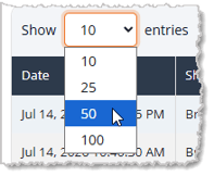 Image showing the Show Entries option on system reports that allows you to increase the number of items that display in the data table for eTailPet system reports.