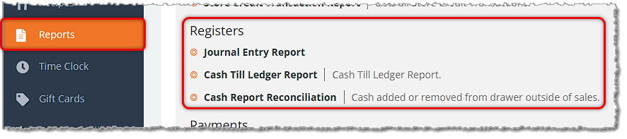 Image showing the Registers section of the Reports page of the eTailPet system with the section reports highlighted.