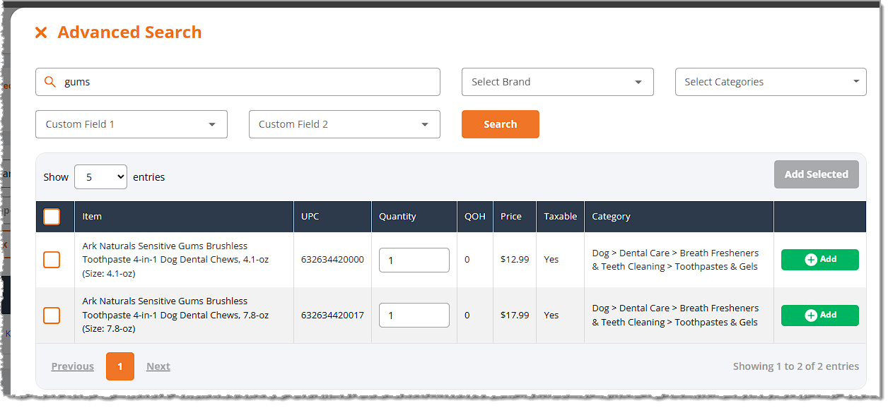 Image showing the Advanced Search window of the eTailPet system's New Sale page.